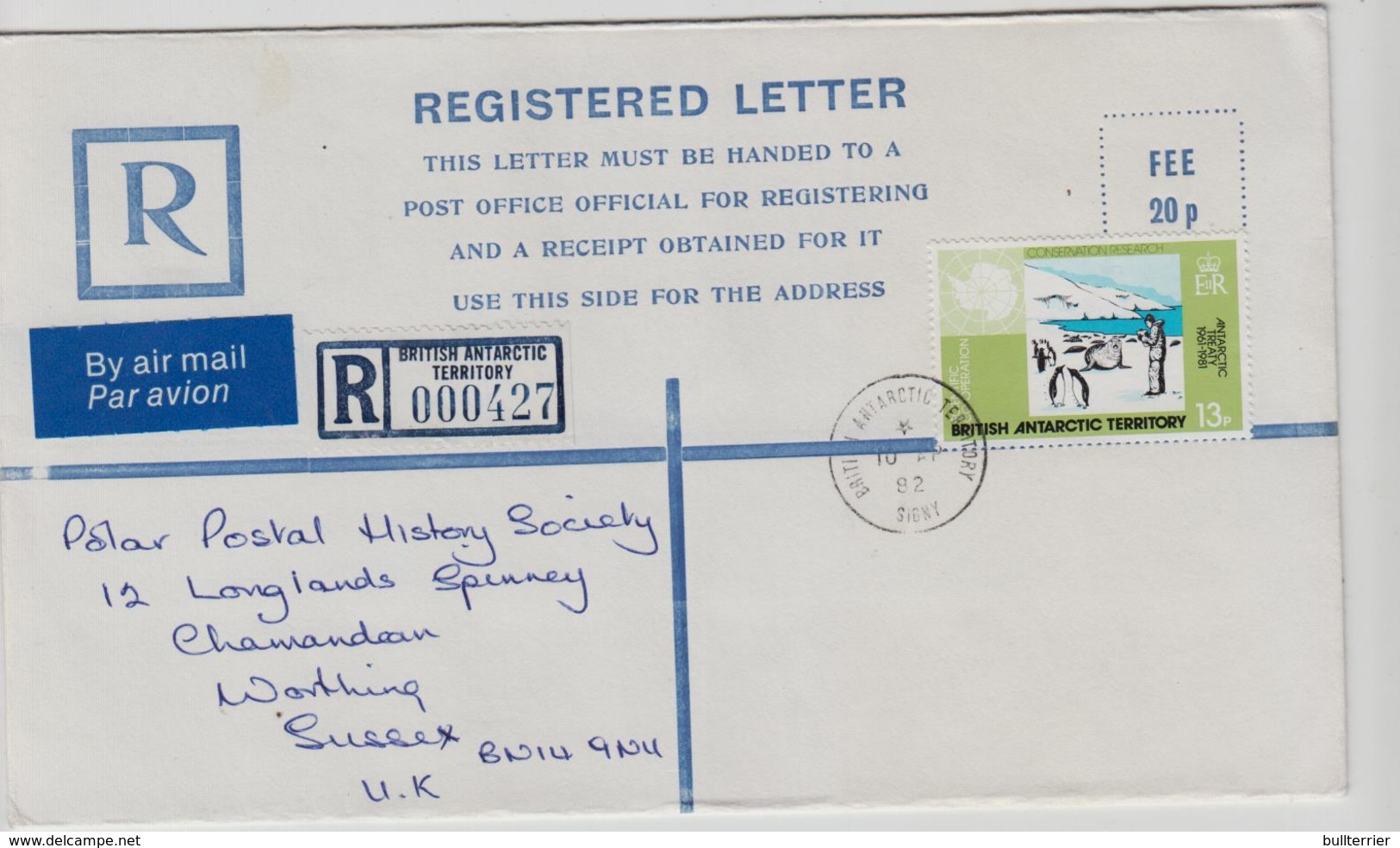 ANTARCTICA - BRITISH ANT TERRITORY - 1982 -REG COVER TO WORTHING,ENGLAND, SIGNY POSTMARK - Covers & Documents