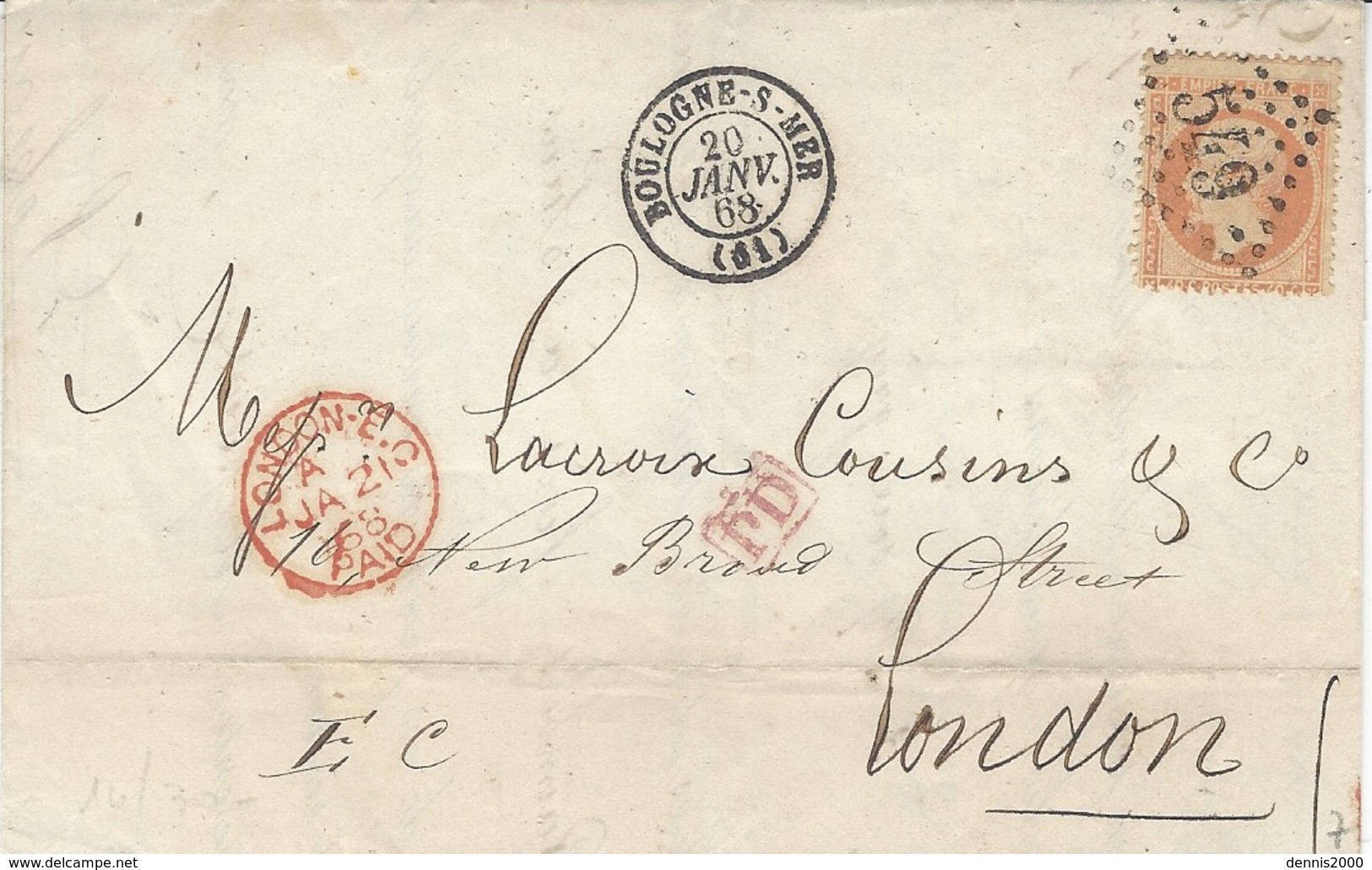 1868-lettre De Boulogne-sur-Mer ( Pas De Calais ) Affr. N° 23 Seul  Oblit. G C 549 Pour Londres - 1849-1876: Période Classique