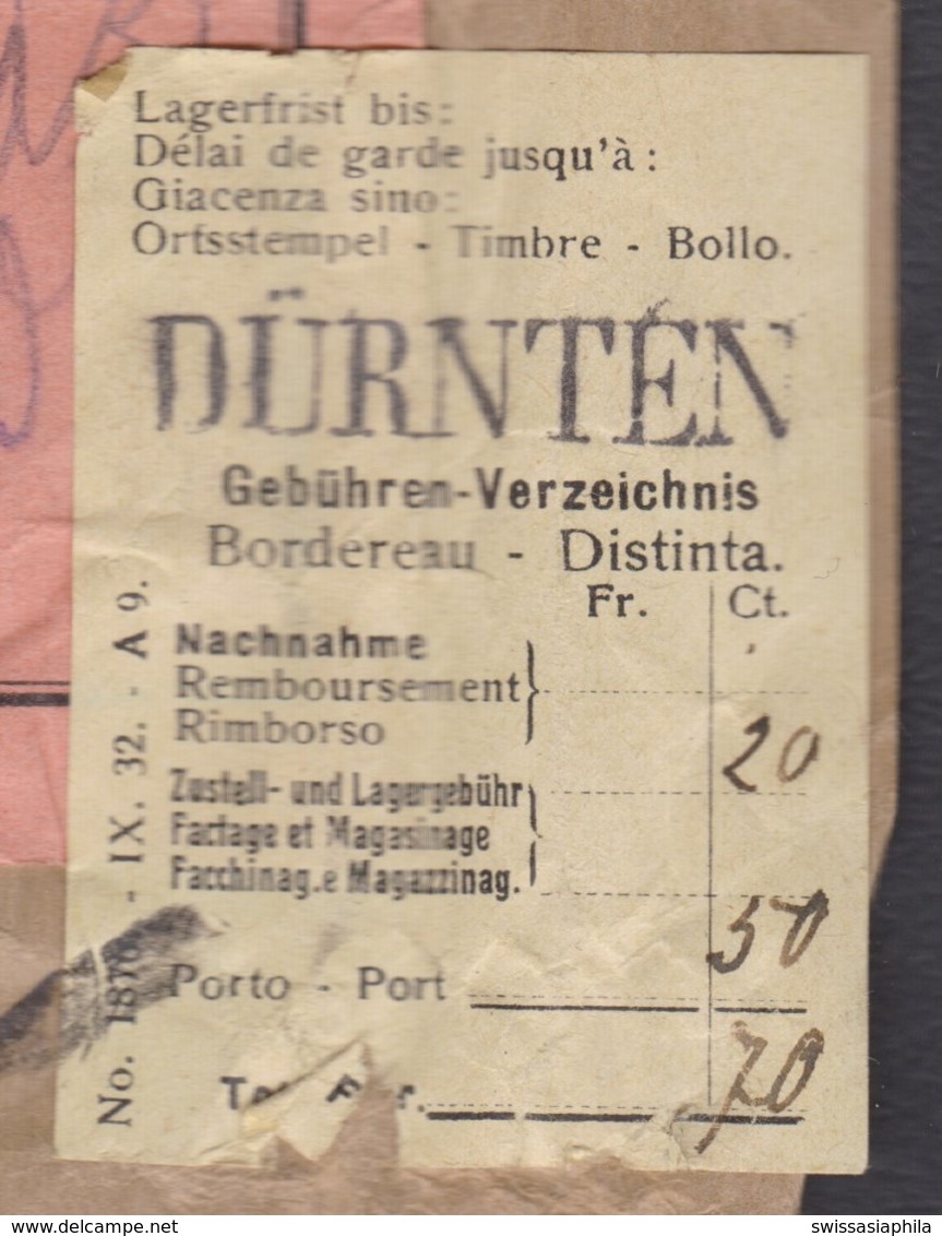 ZH   ZUERICH - DÜRNTEN - PACKET-PAPIERAUSSCHNITT - Lettres & Documents