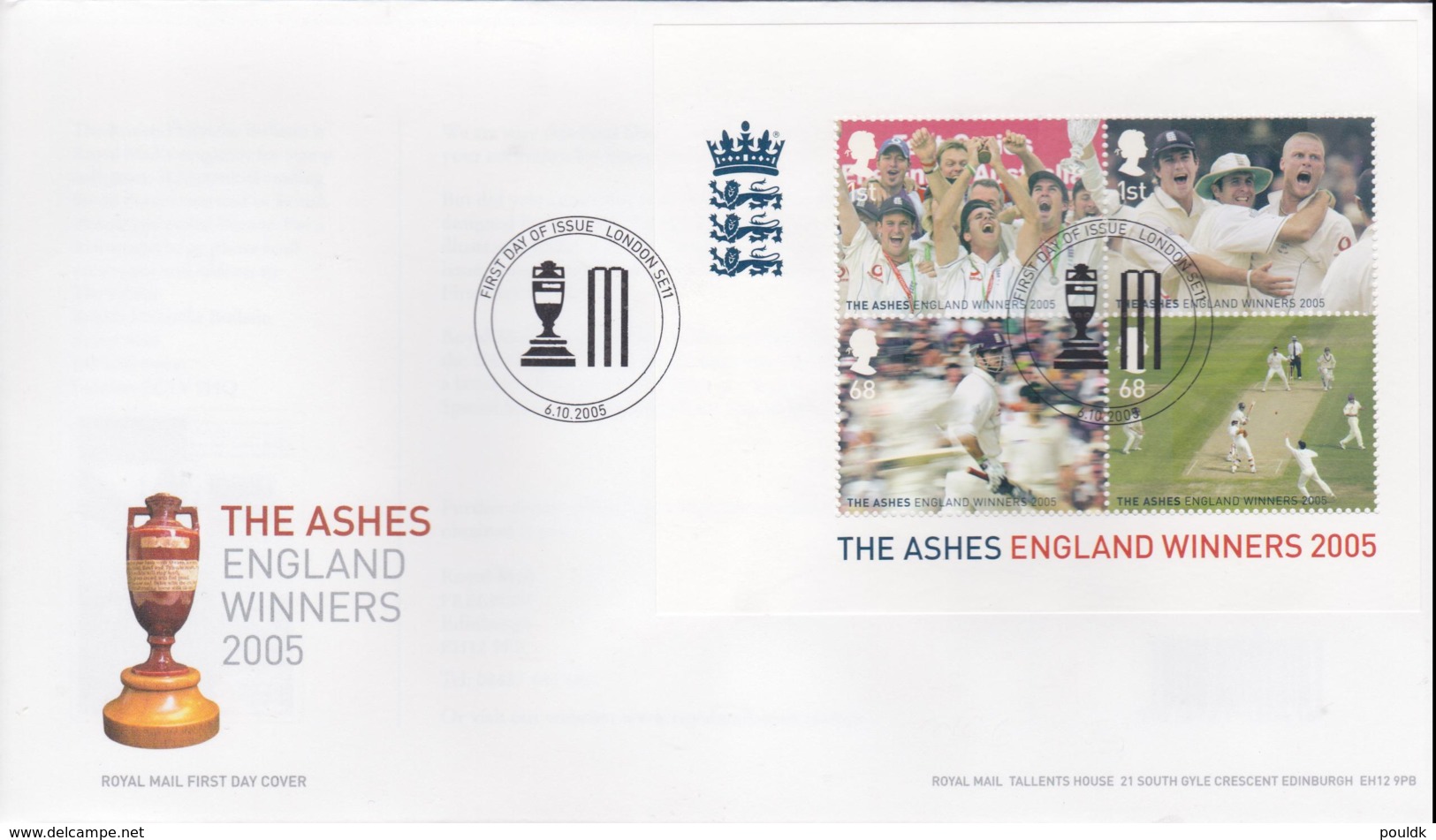 Great Britain FDC 2005 The Ashes Wngland Winners Souvenir Sheet - London SE11  (NB**LAR8-60) - Cricket