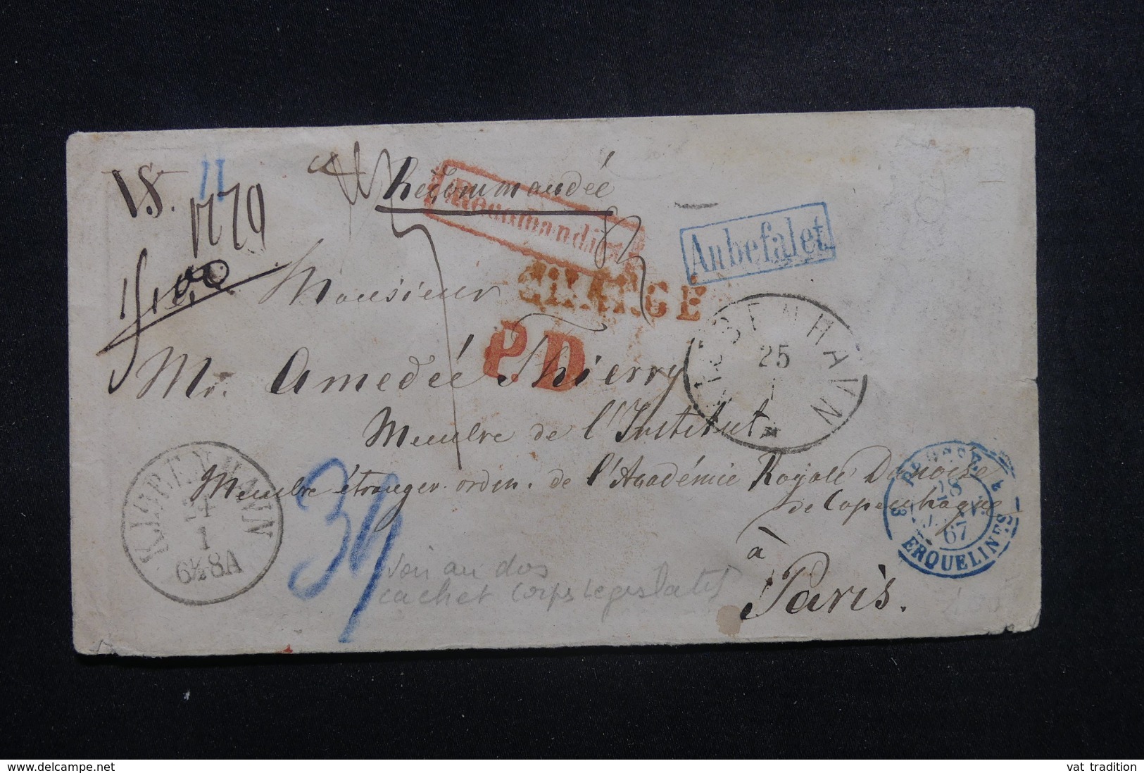 DANEMARK  - Enveloppe En Recommandé De Copenhague Pour Paris En 1867, Cachet Corps Législatif De Paris Au Dos - L 46510 - Covers & Documents