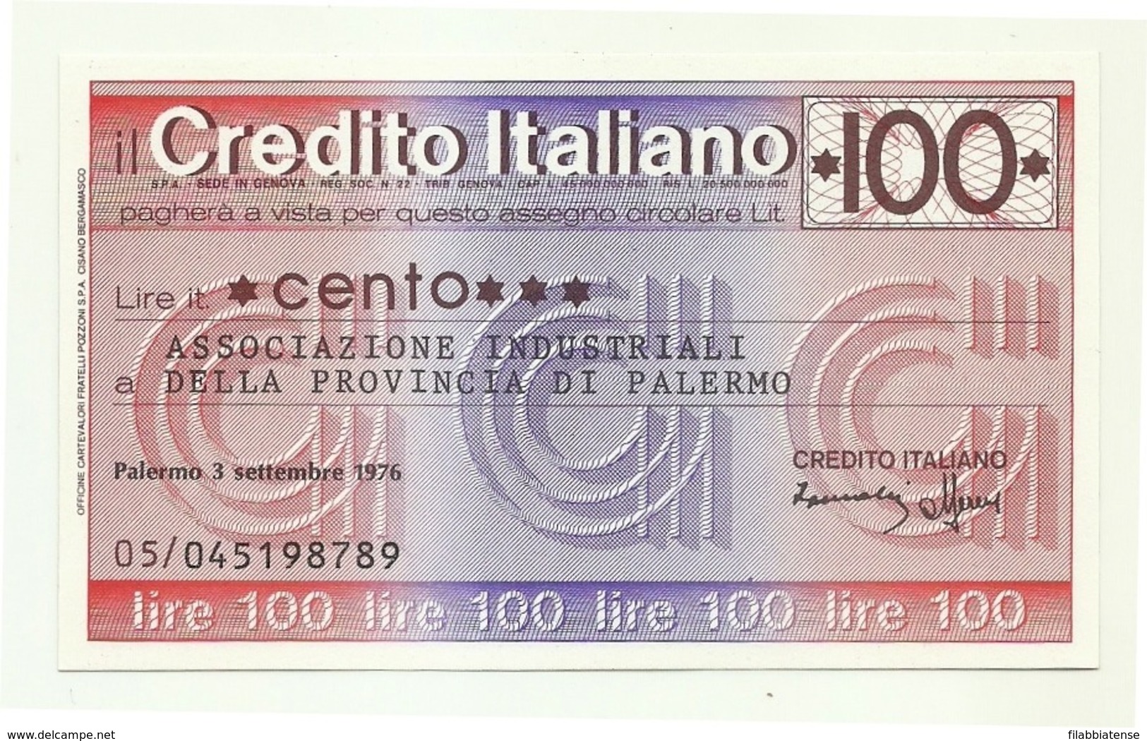 1976 - Italia - Credito Italiano- Associazione Industriali Della Provincia Di Palermo - [10] Chèques