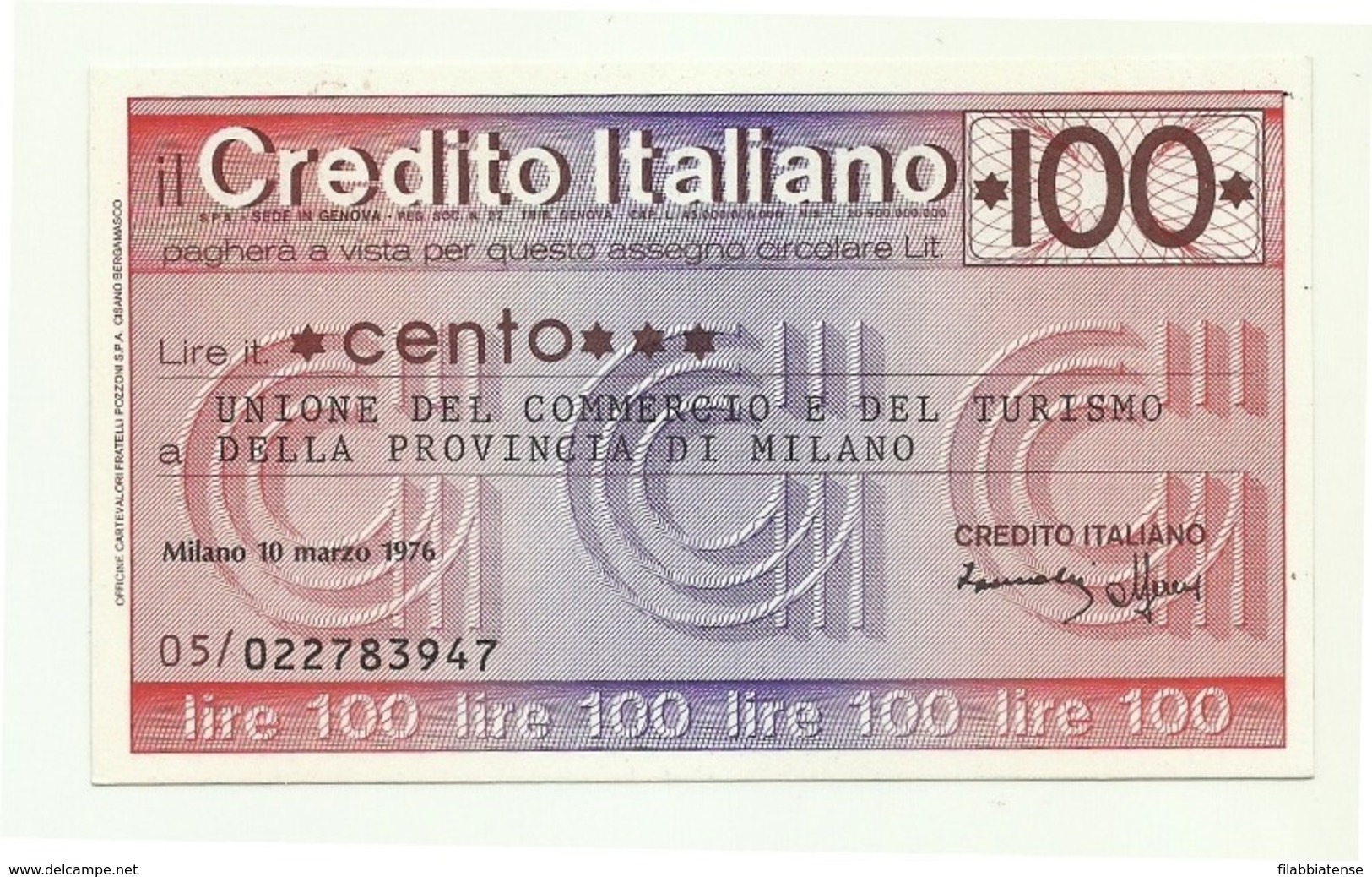 1976 - Italia - Credito Italiano- Unione Del Commercio E Del Turismo Della Provincia Di Milano - [10] Chèques