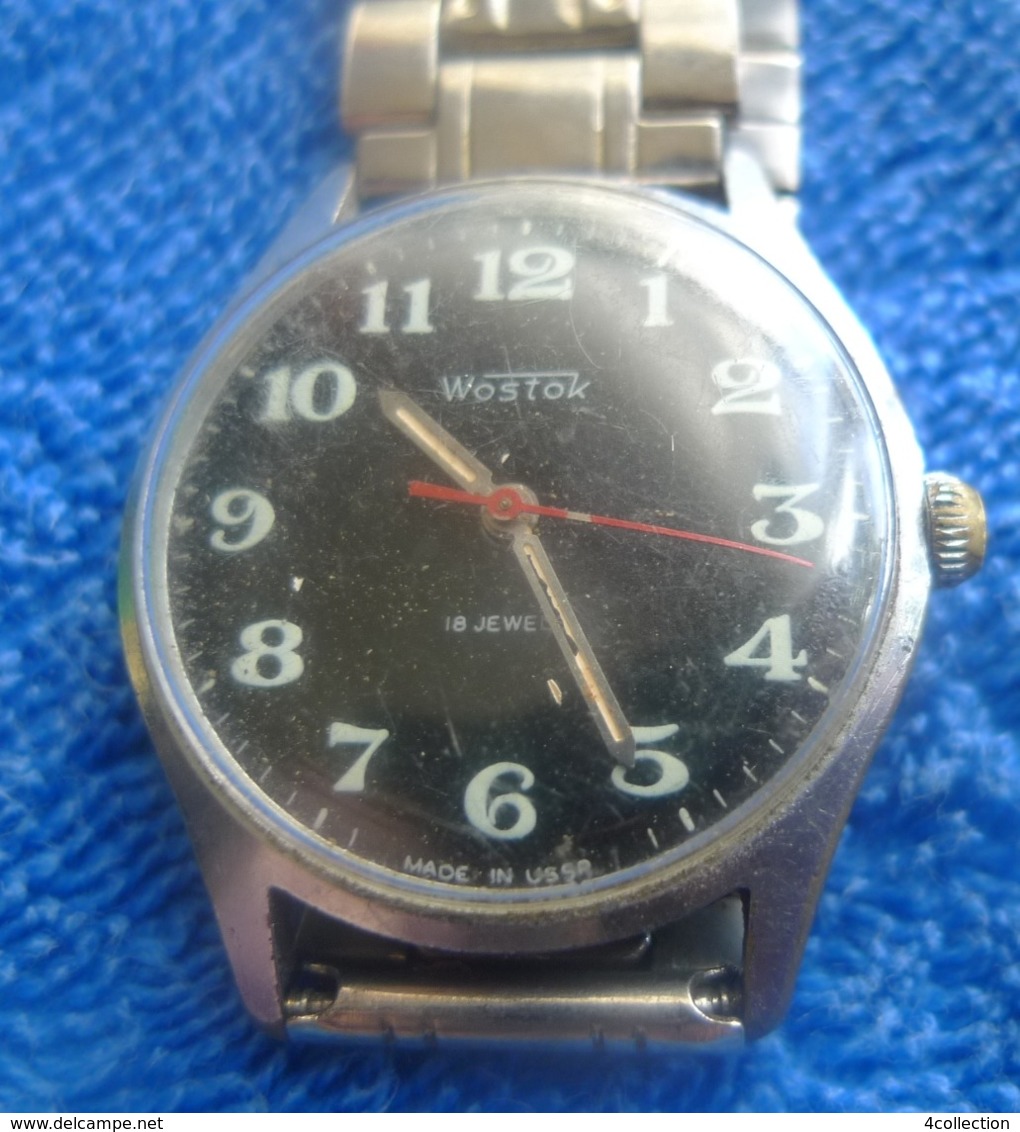 Vintage USSR Soviet Men Mechanical Wrist Watch WOSTOK 18 Jewels W/ Band #669720 - Relojes Ancianos