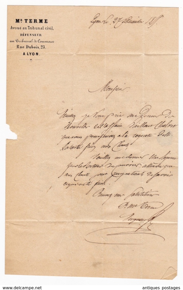 Lettre 1855 Lyon Rhône Terme Avoué au Tribunal Civil 23 rue Dubois Lyon