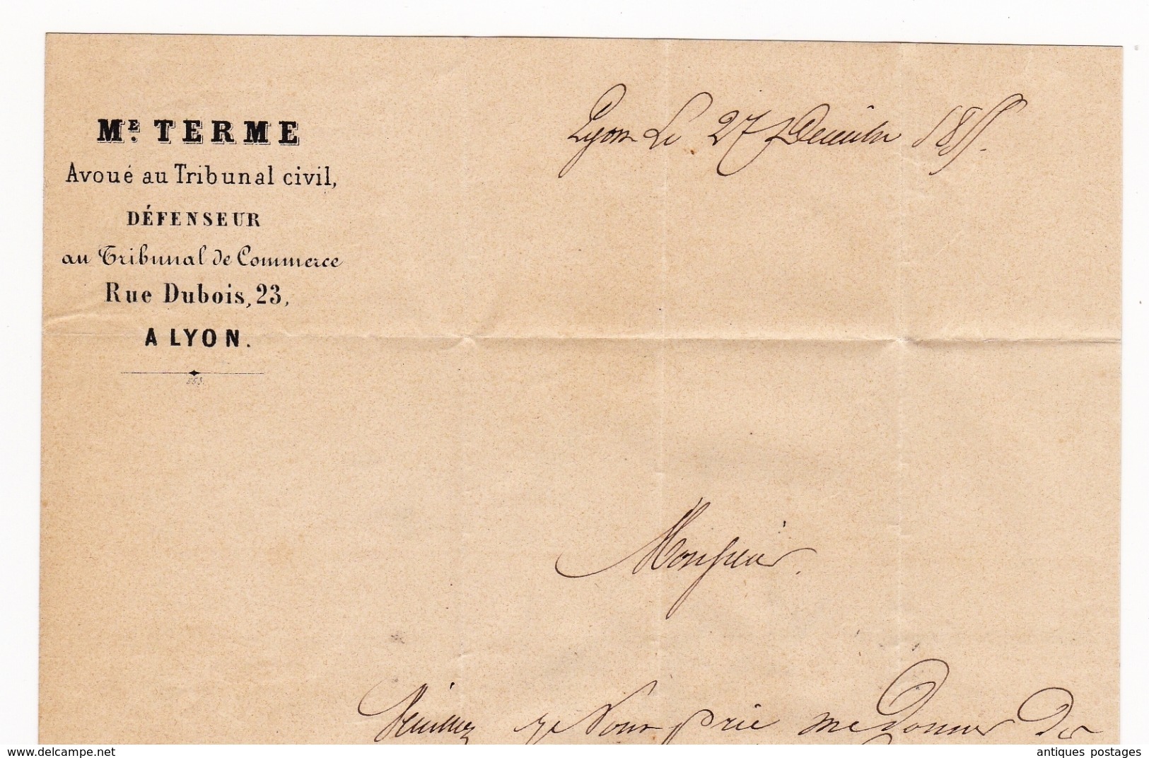 Lettre 1855 Lyon Rhône Terme Avoué au Tribunal Civil 23 rue Dubois Lyon