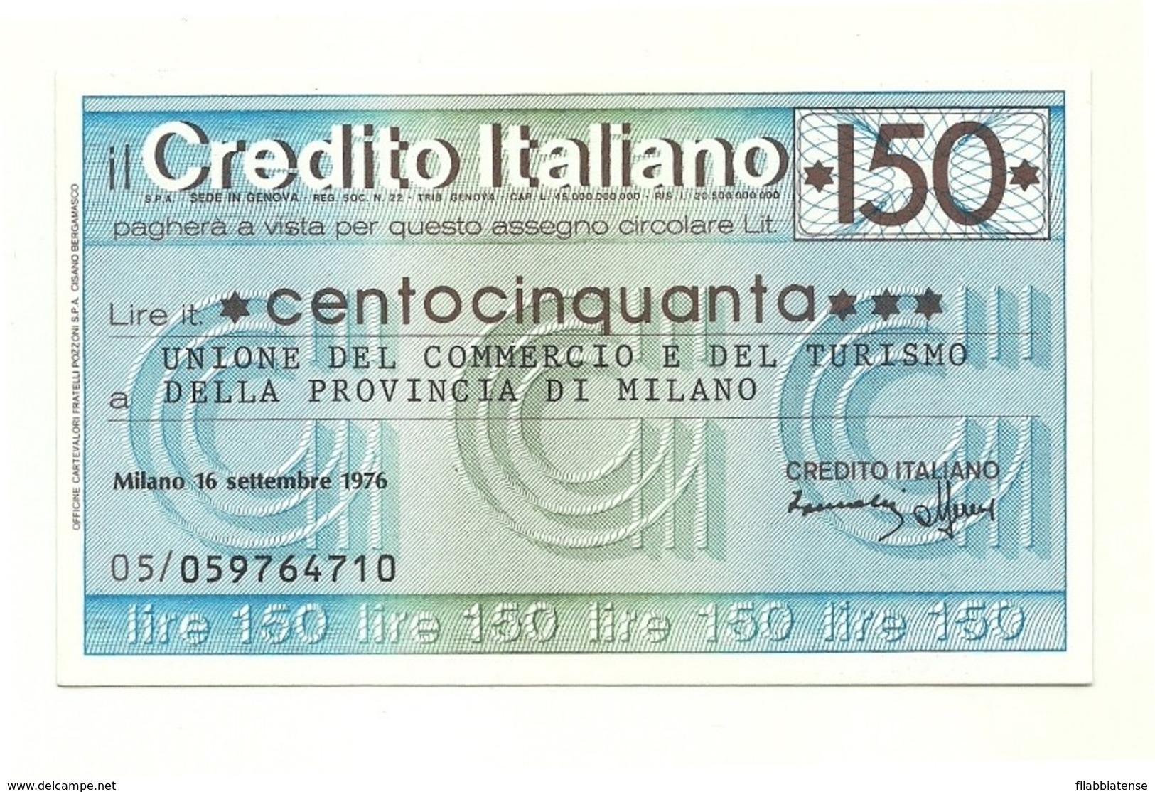 1976 - Italia - Credito Italiano- Unione Del Commercio E Del Turismo Della Provincia Di Milano ---- - [10] Assegni E Miniassegni
