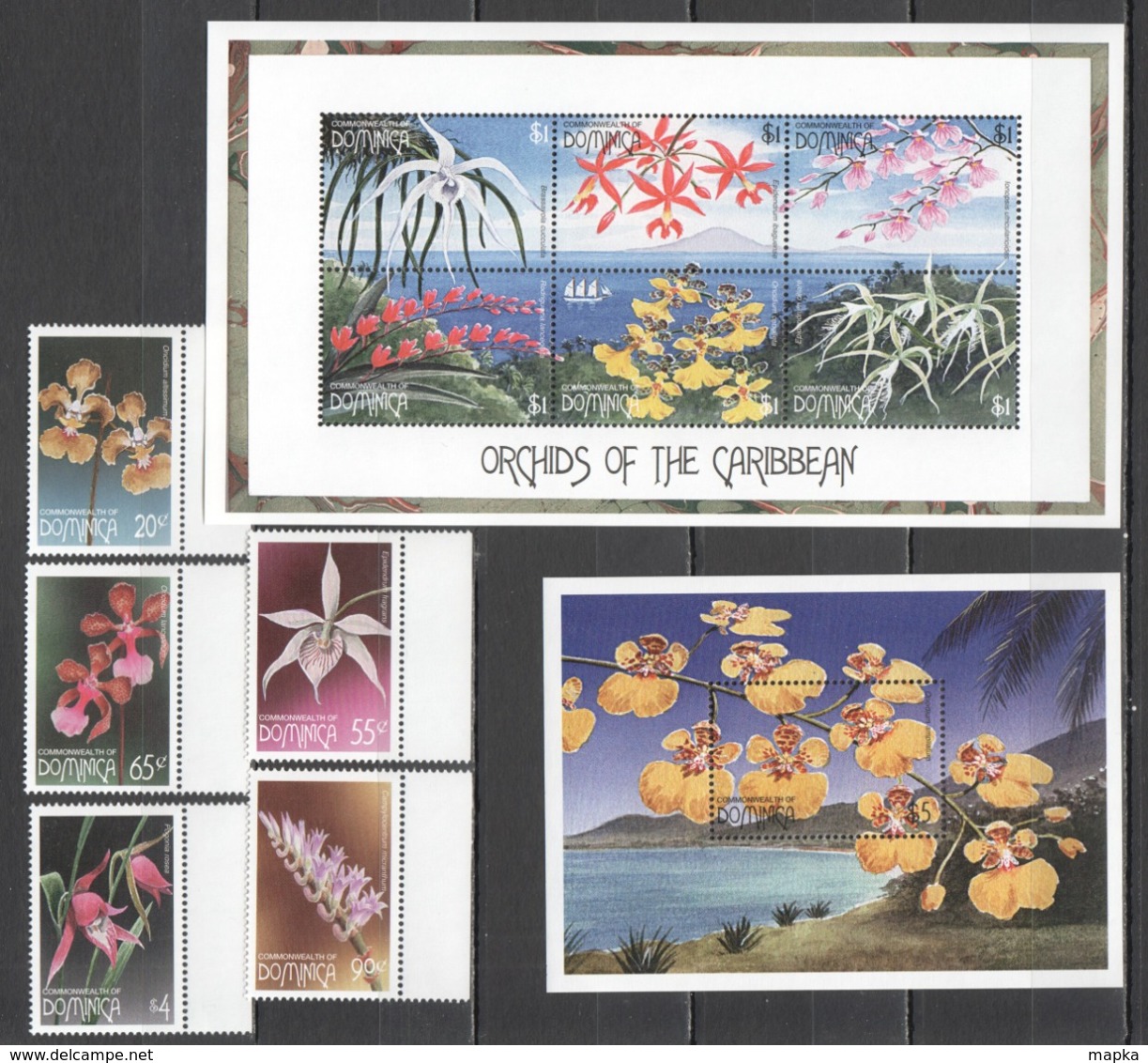 D105 DOMINICA FLORA NATURE FLOWERS ORCHIDS OF THE CARIBBEAN 1KB+1BL+1SET MNH - Orchideeën