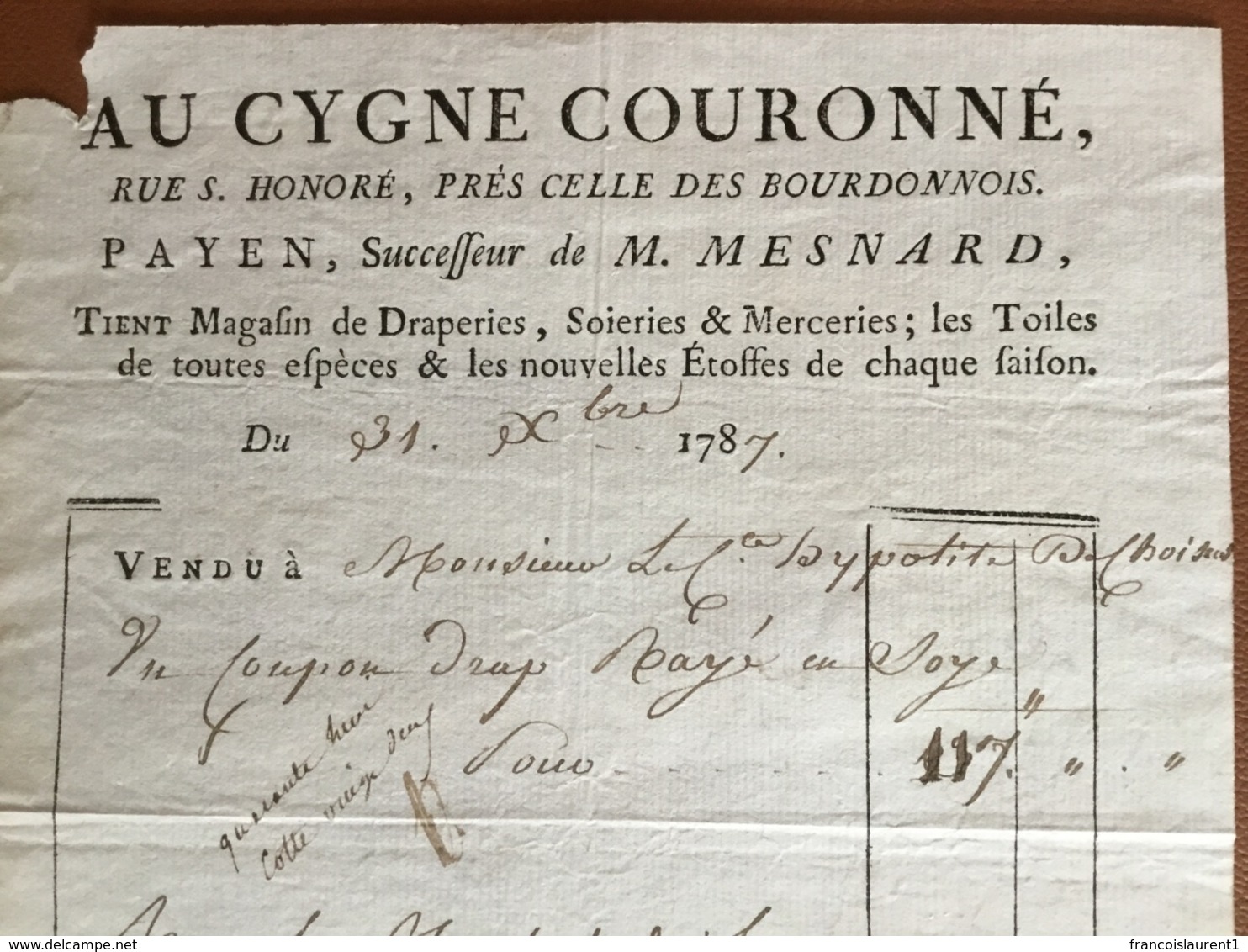 Facture Paris 1787. Au Cygne Couronné.Rue Saint-Honoré Au Comte De Choiseul - ... - 1799