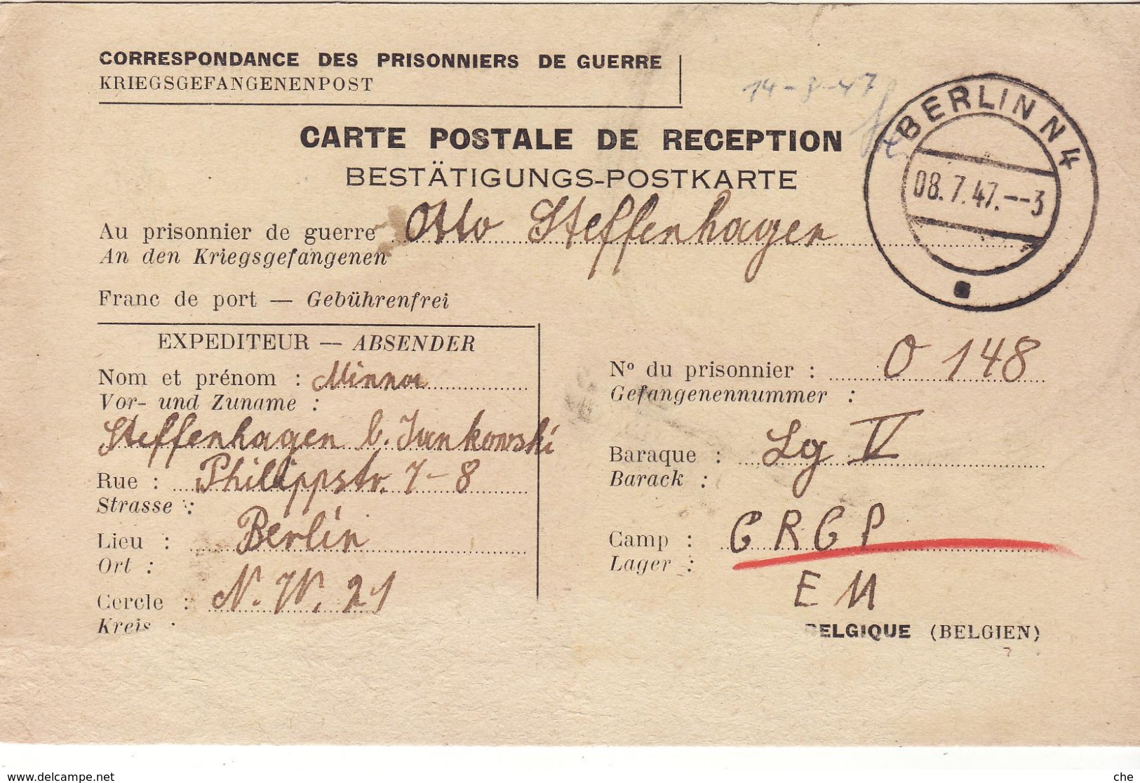 PRISONNIER DE GUERRE 40 45 ALLEMAND BELGIQUE CARTE COLIS   CAMP LAGER LGV - Militares