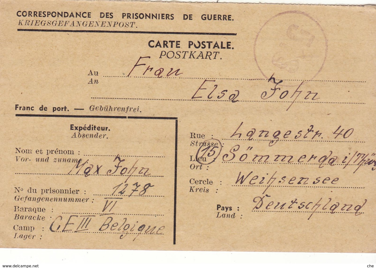 PRISONNIER DE GUERRE 40 45 ALLEMAND EN BELGIQUE CAMP LAGER CEIII VERS WEIHSENSEE CENSURE MILITAIRE BELGE 516 - Militaria