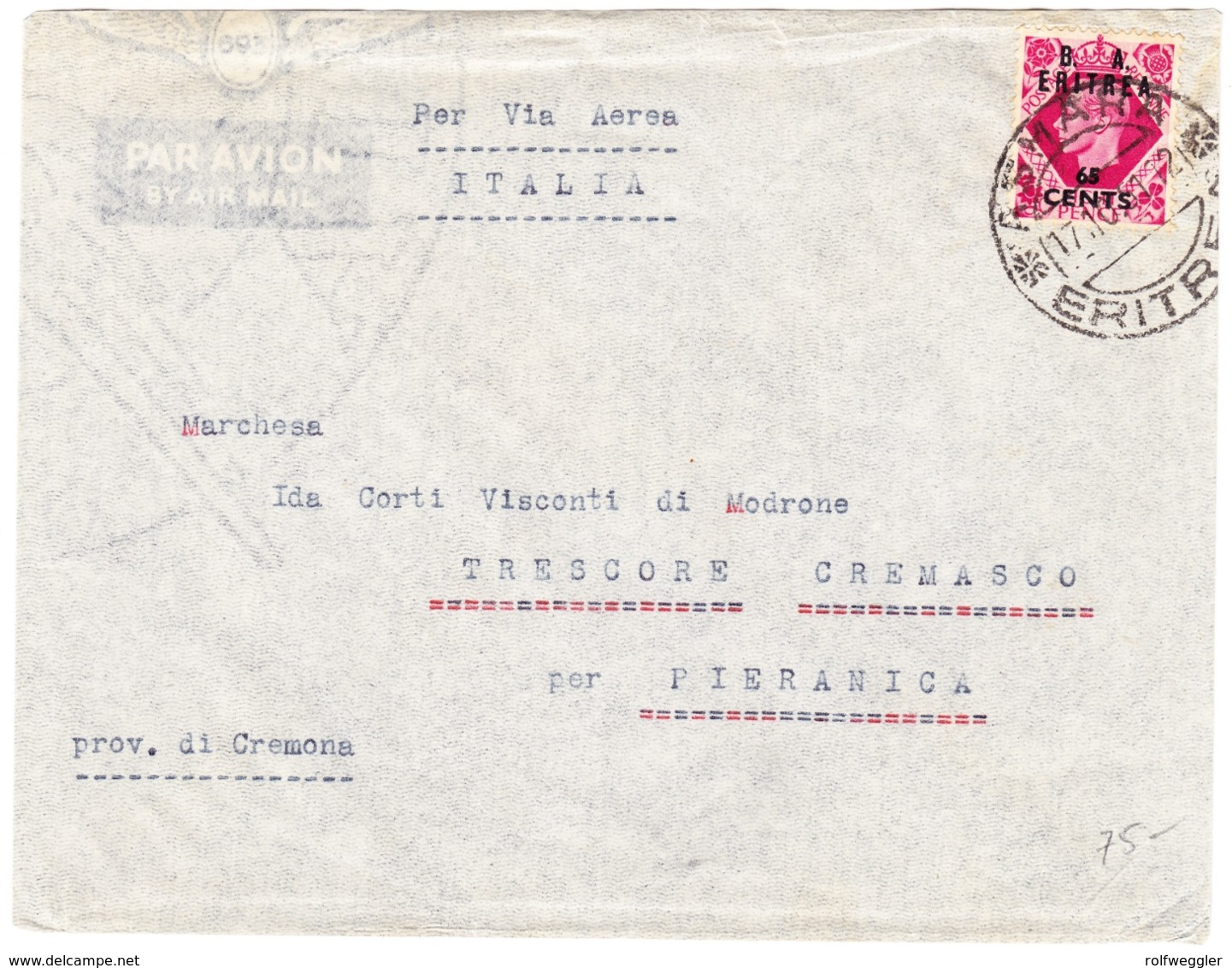 1951 Flugbrief 65 Cent Eritrea Aufdruck Auf Englischer 8 Pence Marke; Aus Asmara Nach Trescore  Cremasco Italien - Levante Británica