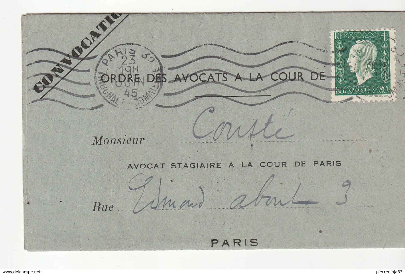Lettre De Paris Pour Paris Avec Type Marianne De Dulac  N°688, Seul Sur Lettre, Cote:15e, 1945 - Lettres & Documents