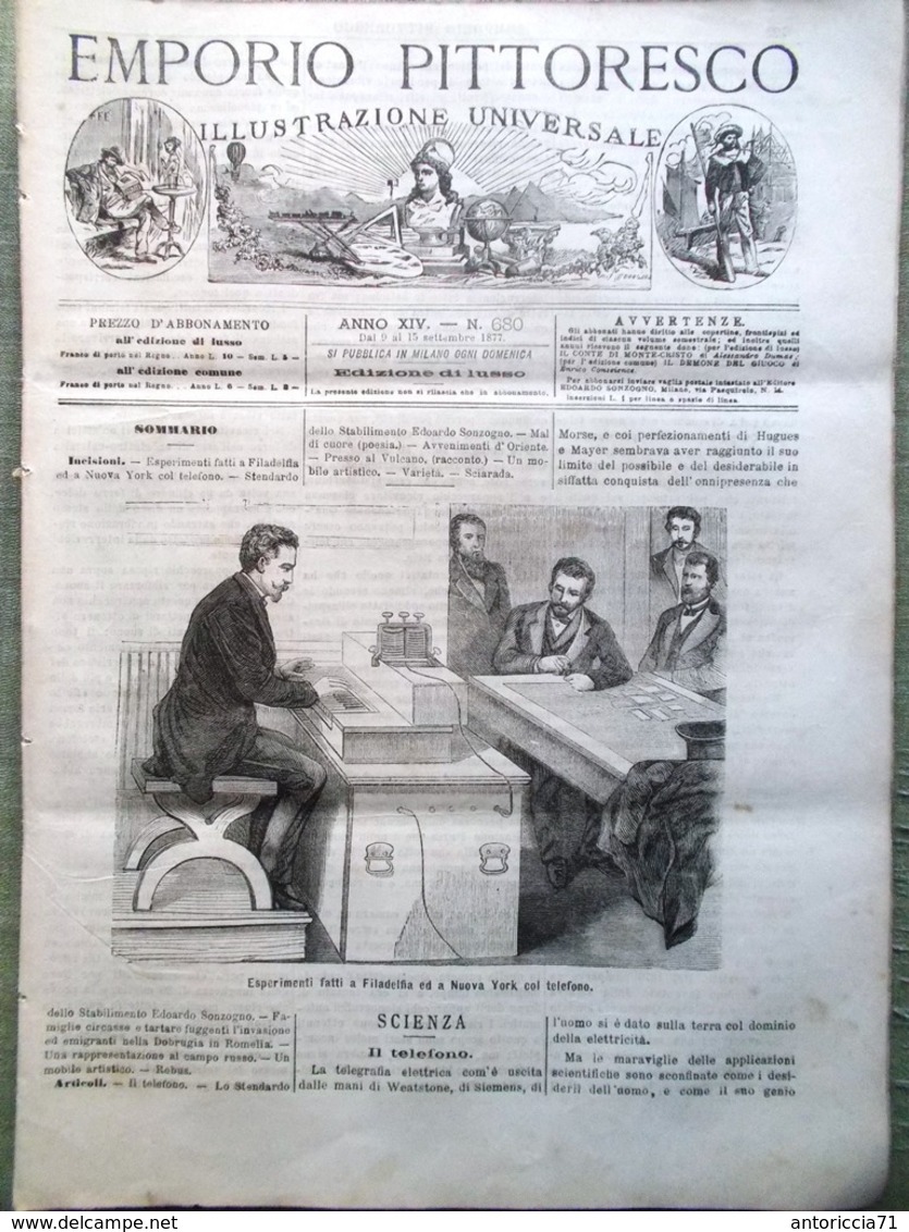 Emporio Pittoresco Del 9 Settembre 1877 Esperimenti Telefono Sonzogno Dobrucia - Voor 1900