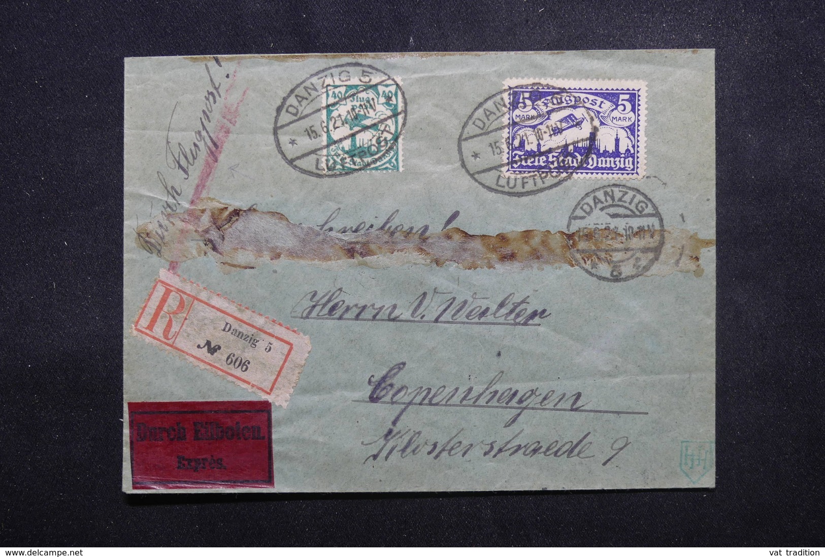 ALLEMAGNE - Enveloppe En Recommandé De Danzig Pour Copenhague Par Avion En 1921, Affranchissement Plaisant - L 46523 - Storia Postale