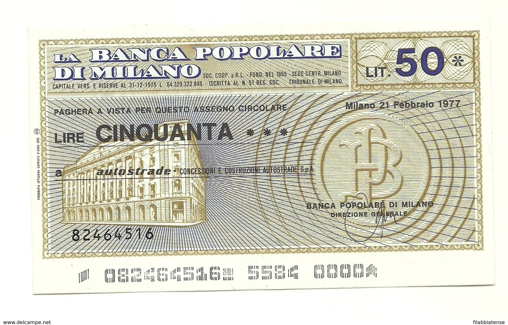 1977 - Italia - Banca Popolare Di Milano - Autostrade - Concessioni E Costruzioni Autostrade S.p.A. - [10] Assegni E Miniassegni