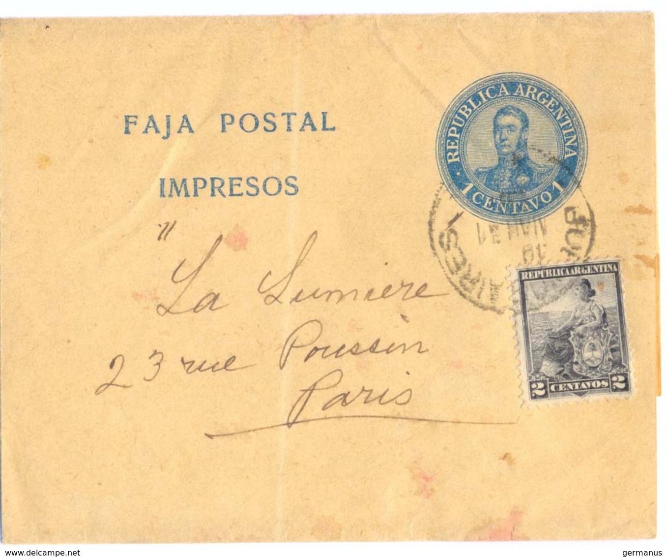 ARGENTINE ENTIER BANDE JOURNAL REPUBLICA ARGENTINA  IMPRESOS 1 CENTAVO 1 + TP 2 TàD BUENOS AIRES De 1901  => PARIS - Entiers Postaux