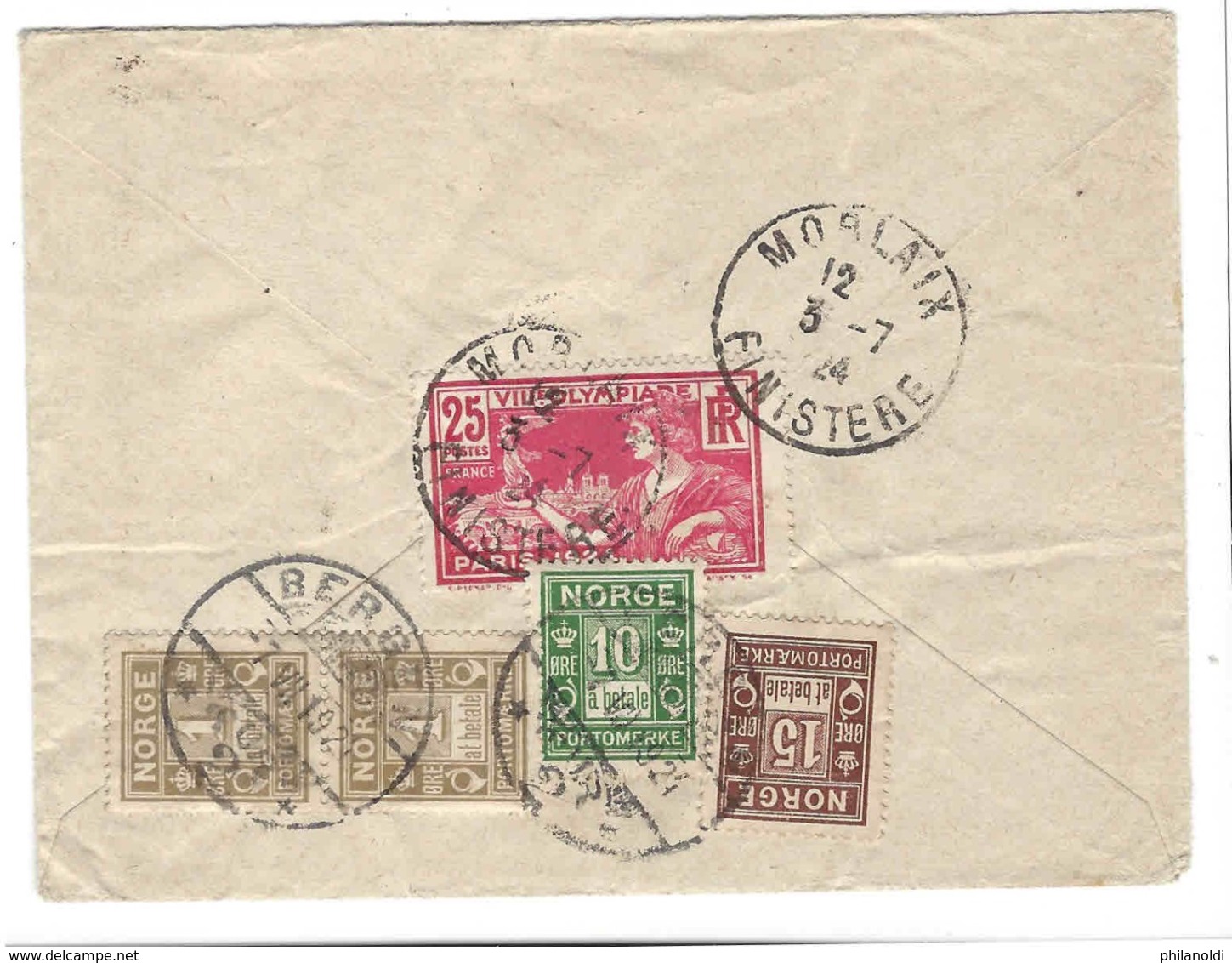 1924 Jeux Olympiques Paris, Lettre Taxée En Norvège ! 3 X 25 C. Jeux Olympiques + 4 Timbres Taxe NORGE. Norway. Mixed. - 1921-1960: Moderne