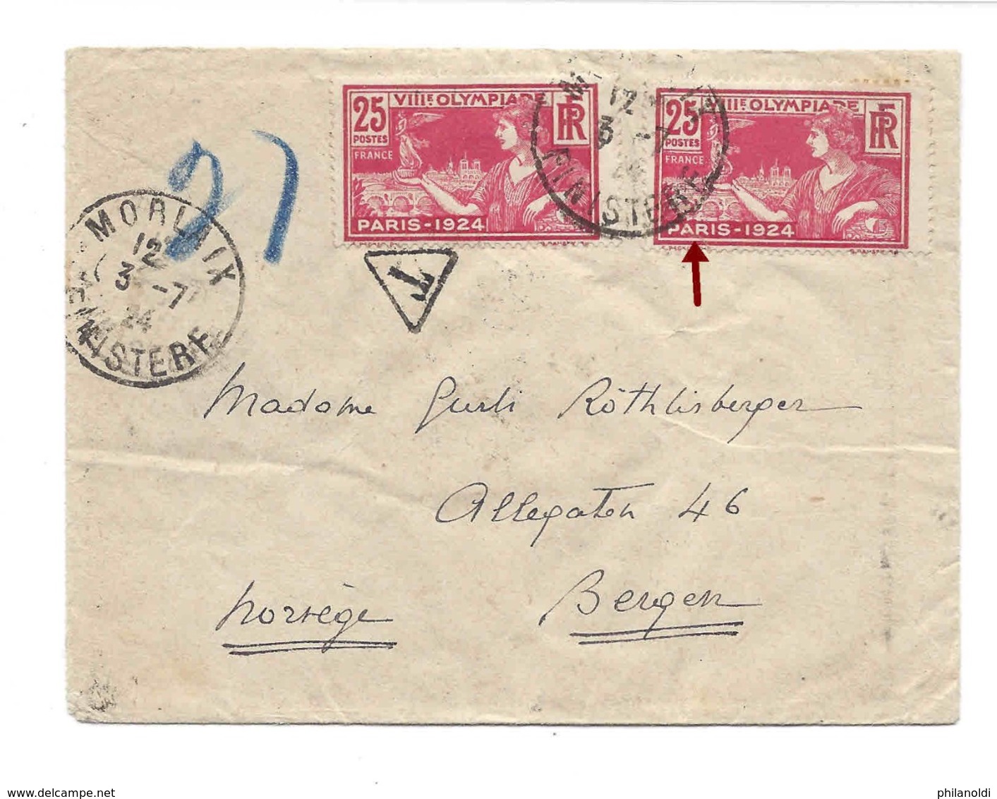 1924 Jeux Olympiques Paris, Lettre Taxée En Norvège ! 3 X 25 C. Jeux Olympiques + 4 Timbres Taxe NORGE. Norway. Mixed. - 1921-1960: Moderne