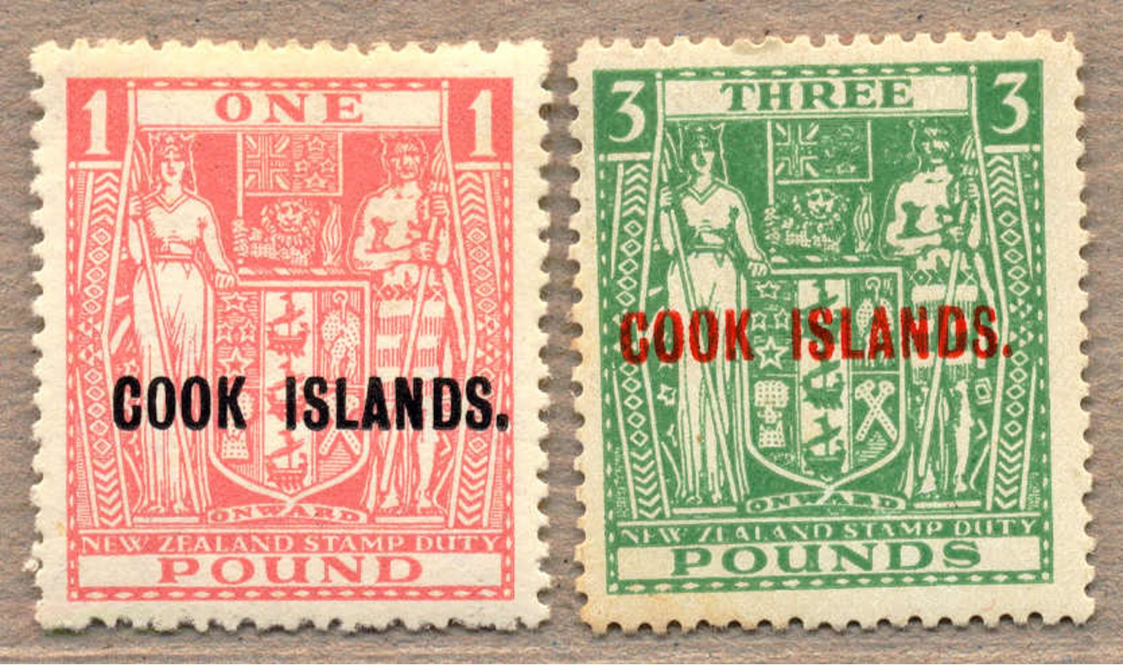 * 1943-45, £ 1 And 3, Pink And Green, LPOG/MH, With Black/red Opt COOK ISLANDS, £ 3 With Inv. Wmk, Fresh And Attractive, - Sonstige & Ohne Zuordnung