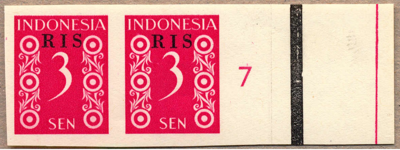 (*) 1950, 3 S., Crimson, Pair From Right Margin Side, Number 7, RIS Opt, Imperforated, NG As Produced, From The Archive  - Indonesien