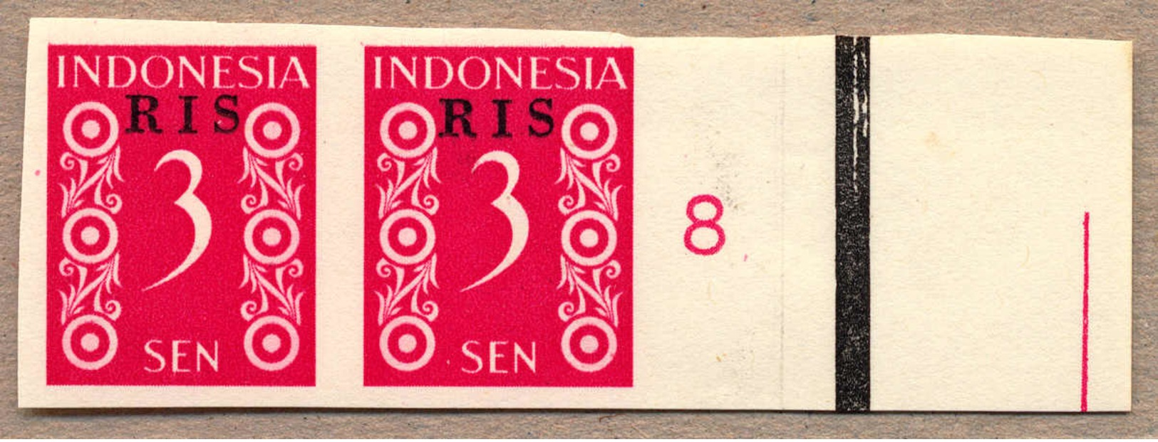 (*) 1950, 3 S., Crimson, Pair From Right Margin Side, Number 8, RIS Opt, Imperforated, NG As Produced, From The Archive  - Indonesien
