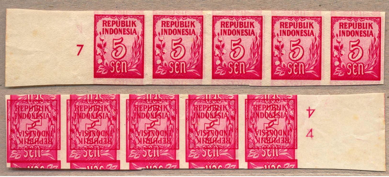 (*) 1951-55, 5 S., Carmine, Strip Of (5) From Left Margin Side, Number 7, With IMPRESSIVE Reverse Double Print Inverted  - Indonesien