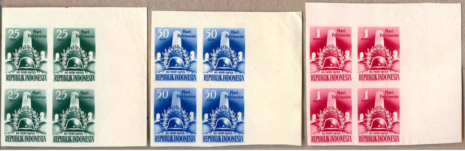 Bof/(*) 1955, 20 S., 50 S., 1 R., Three Blocks Of (4) From Top Right Margin Corner, Imperforated, NG As Produced, From T - Indonesia
