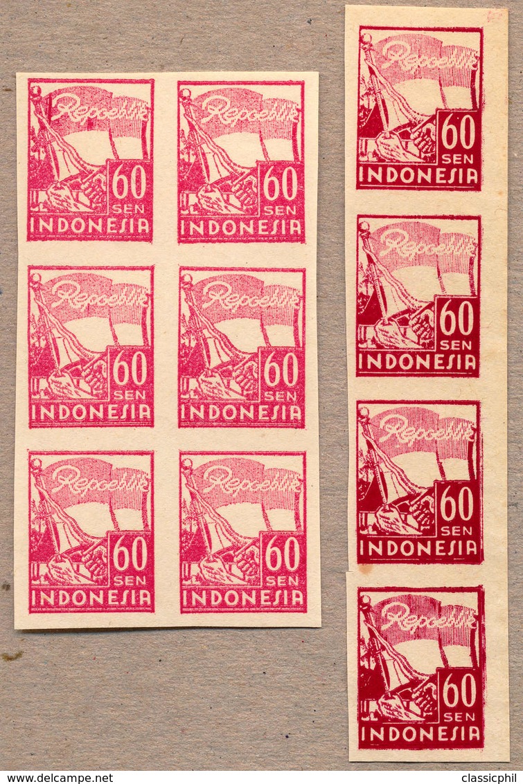 (*) 1946-47, 60 S., Carmine, Block Of (6) - Light Crimson, And Vertical Strip Of (4) - Dark Crimson, Imperforated, UNISS - Indonesien