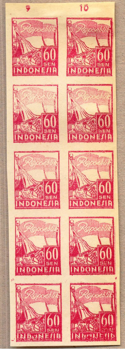 (*) 1946-47, 60 S., Carmine, Block Of (10), DOUBLE PRINT, NG As Issued, With Row Numbers 9 And 10, VF!. Estimate 500€. - Indonesien