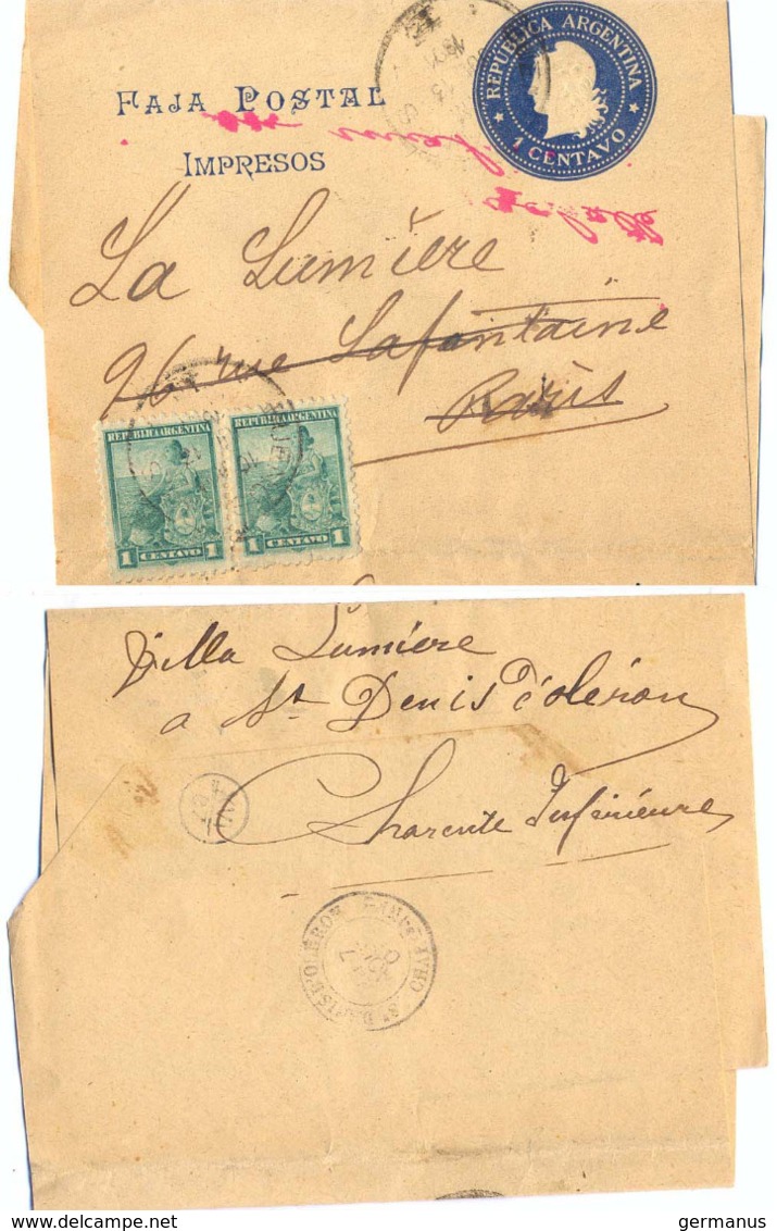 ARGENTINE ENTIER BANDE JOURNAL REPUBLICA ARGENTINA  =>PARIS Réexpédié ST DENIS D'OLERON CHARENTE INFERIEURE 7-8-1901 - Postal Stationery