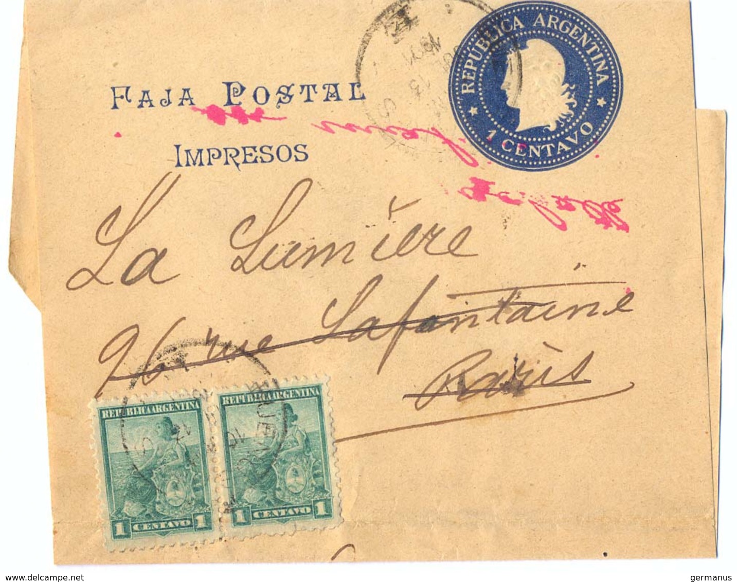 ARGENTINE ENTIER BANDE JOURNAL REPUBLICA ARGENTINA  =>PARIS Réexpédié ST DENIS D'OLERON CHARENTE INFERIEURE 7-8-1901 - Postal Stationery