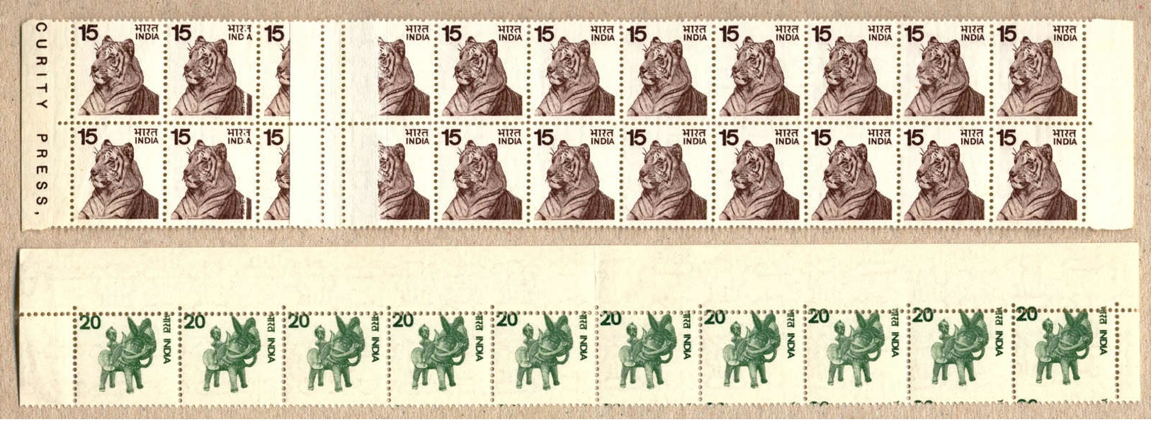 ** 1974, 15 P., 20 P., Horizontal Strip Of (20) - Tiger, Top Margin Strip Of (10) - Handicraft Toy, Both With Huge Perfo - Sonstige & Ohne Zuordnung