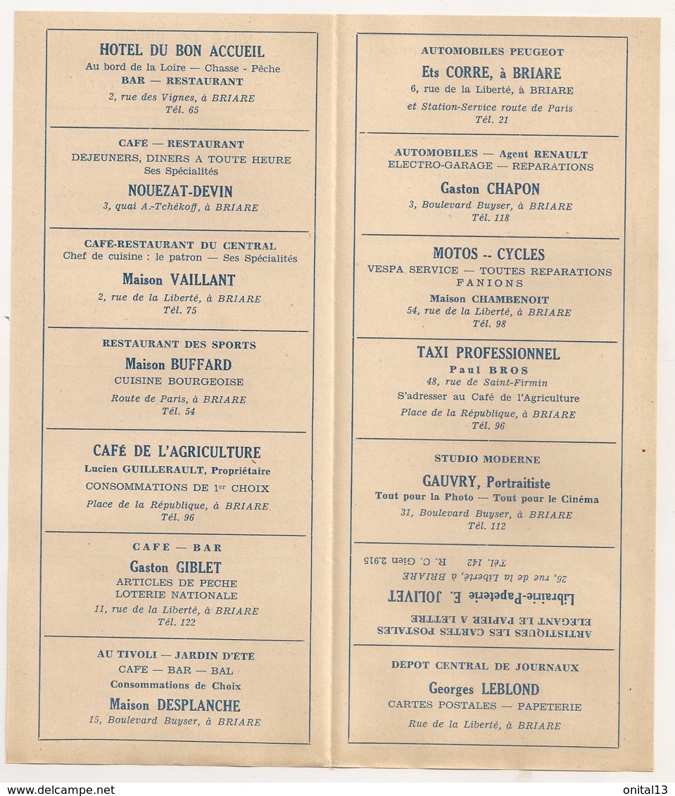 1954 DEPLIANT TOURISTIQUE BRIARE / PROGRAMME DES FETES  / LISTES DES COMMERCANTS E31 - Dépliants Turistici