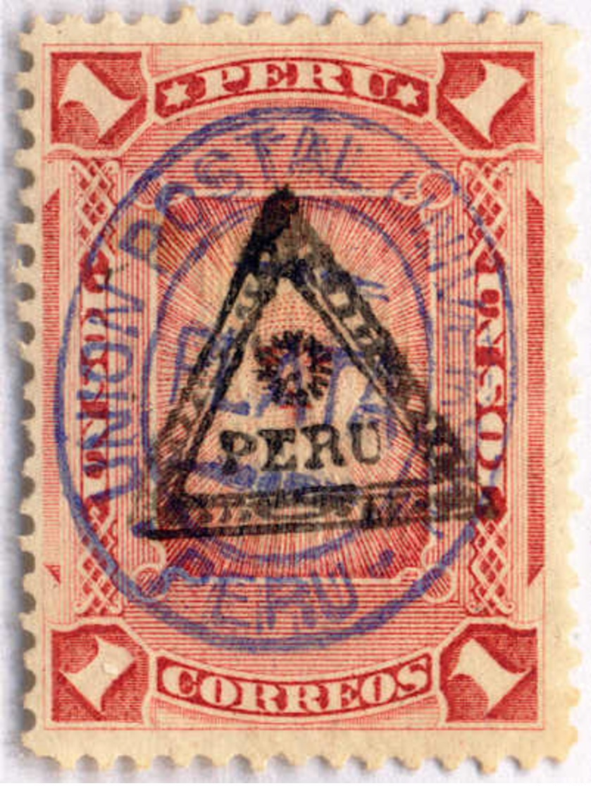 1883, 1 S., Rose, Blue PERU Double Overprint, Triangle 1, Very Rare, NG, VF!. Estimate 1.500€. - Peru