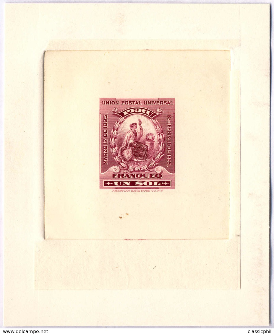 1895, 1 S., Lake, Single Colour Die Proof From The American Banknote Company, On Carton, Extremely Rare, XF!. Estimate 2 - Perú