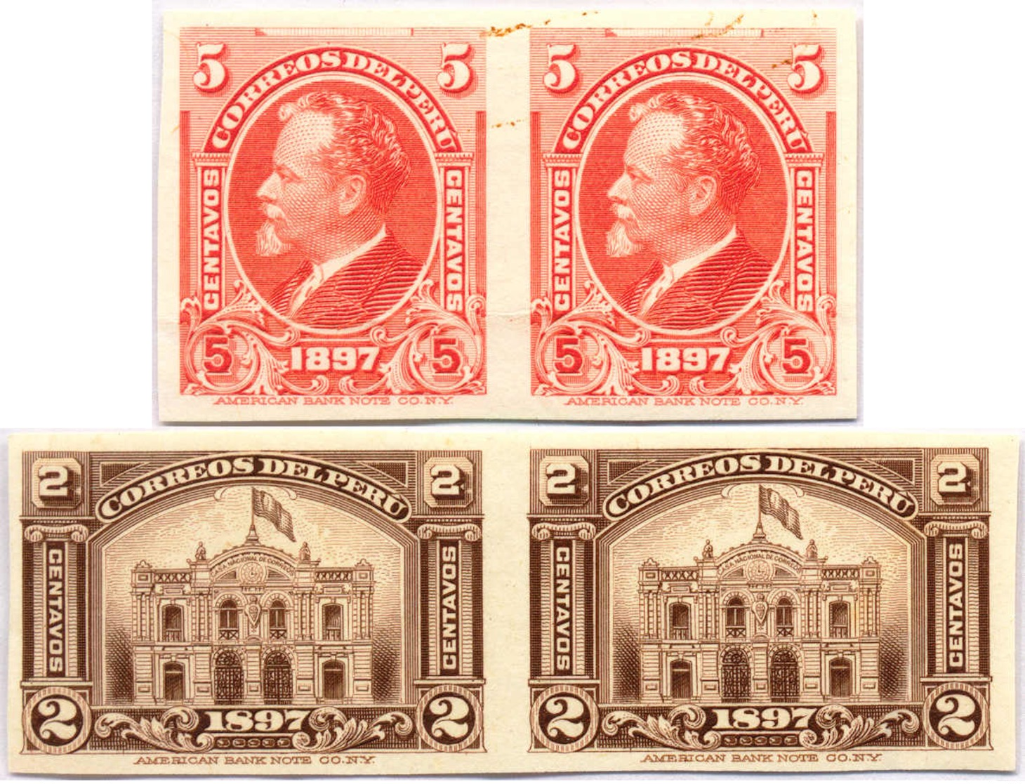 1897, 2 C., 5 C., (2) Imperf. Pairs, From Sheet Proof On Waste Paper From American Banknote Company, F - VF!. Estimate 4 - Peru