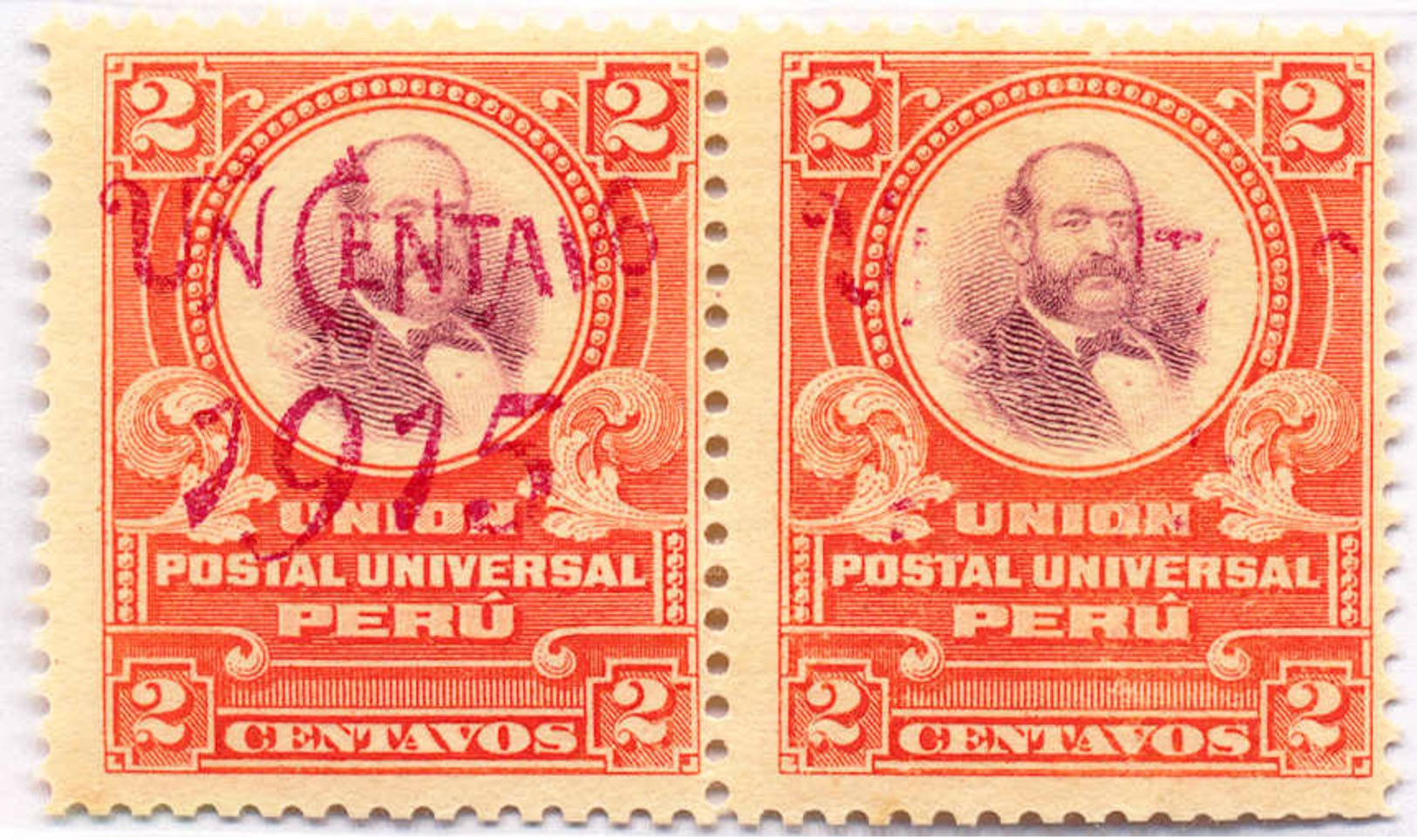 1915, 1 C. On 2 C., Orange Red, Pair, Right Stamps Large Part Of Overprint Missing, Rare, NG, F!. Estimate 700€. - Peru