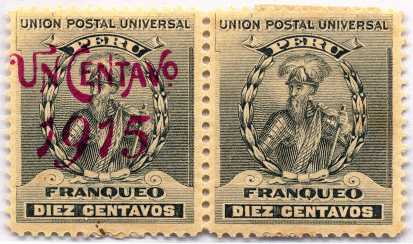 1915, 1 C. On 20 C., Pair, Surcharge Missing On Right Stamp (!), MH, VF!. Estimate 200€. - Peru