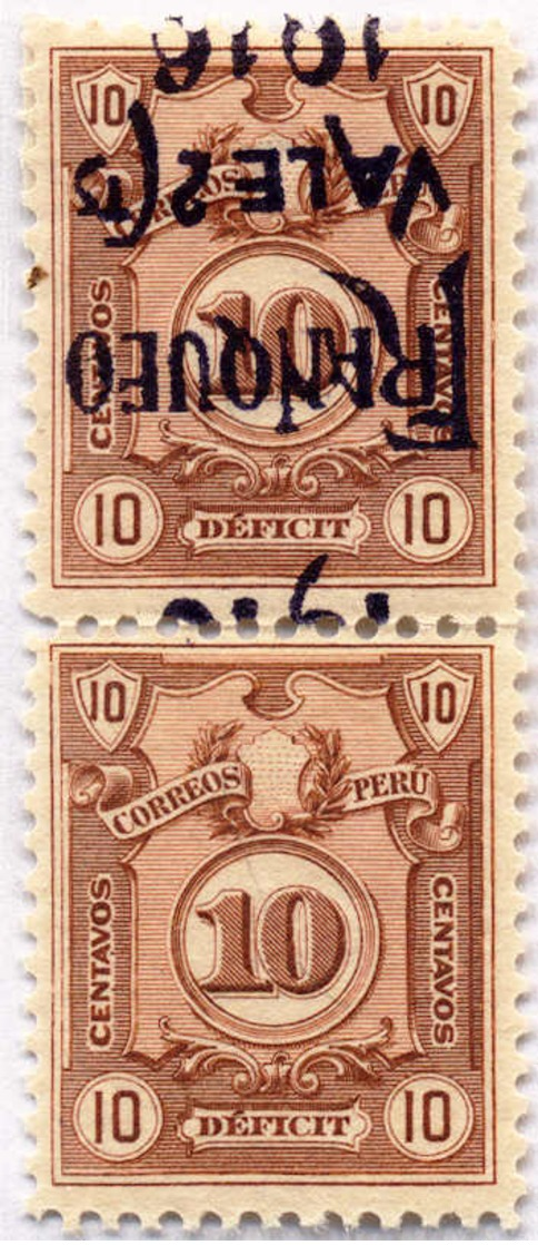 1916, 2 C. On 10 C., Vert. Pair, Bottom Stamp Surcharge Missing (!), Inverted Surcharge (!) On Top Stamp, MH, MNH, XF!.  - Peru