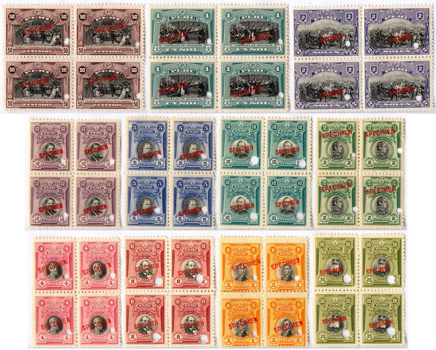 1917, 1 C. - 2 S., Full Set Of (44), In 11 Block Of (4), All With Red SPECIMEN Overprint, With Big Annualtion Perfin As  - Peru