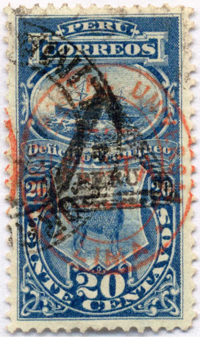 1883, 20 C., Blue, Overprint Red & Black, Triangle #4, XF!. Estimate 1.100€. - Peru