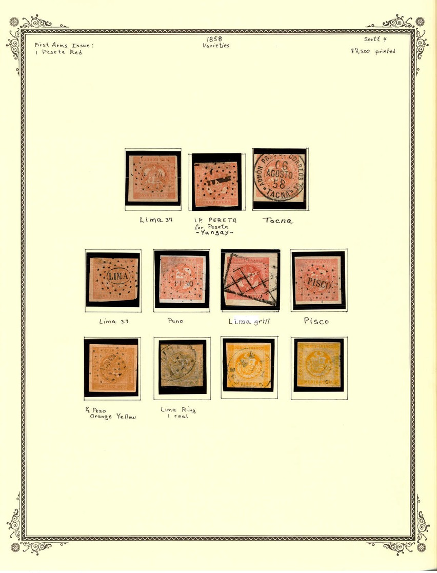 1858, Collection Of 11 Stamps On Two Album Pages, Nice Town Cancellations, 2 Possible Forgeries, Used, F - XF!. Estimate - Peru