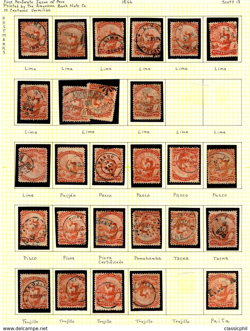 1866, Collection Of 27 Stamps On One Album Page, Different Town Cancellations, One Blue, Used, F - XF!. Estimate 500€. - Peru