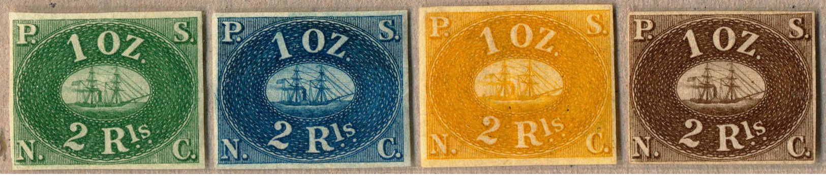 1863, 2 R., 4 Different Colours, Small Lot Of (4), Not Issued (!), 1 Of 800 Printed, Rare, VF - XF!. Estimate 1.400€. - Peru