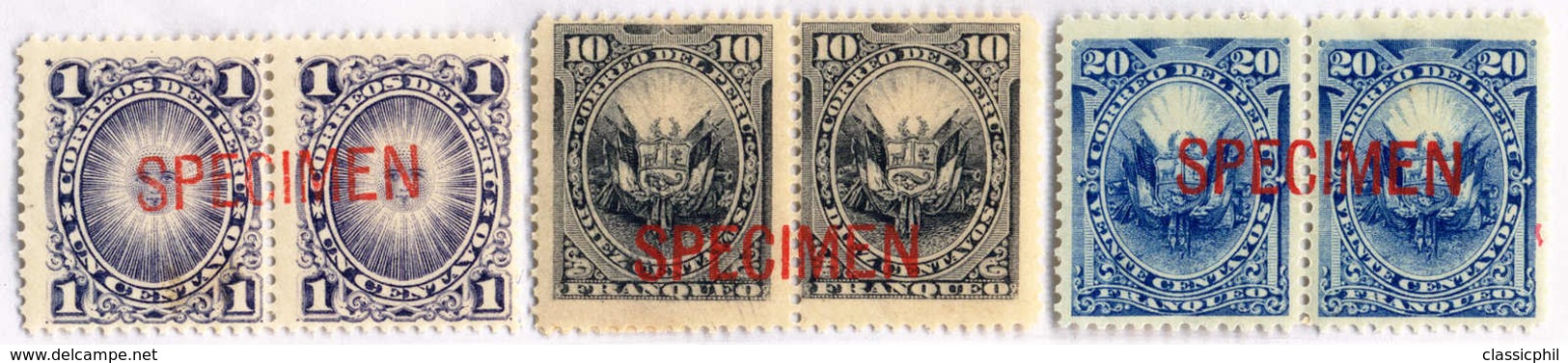 1886-95, 1 C., 10 C., 20 C., Small Lot Of (6) In 3 Pairs, All With Red SPECIMEN Overprint, MNH, F - VF!. Estimate 600€. - Peru
