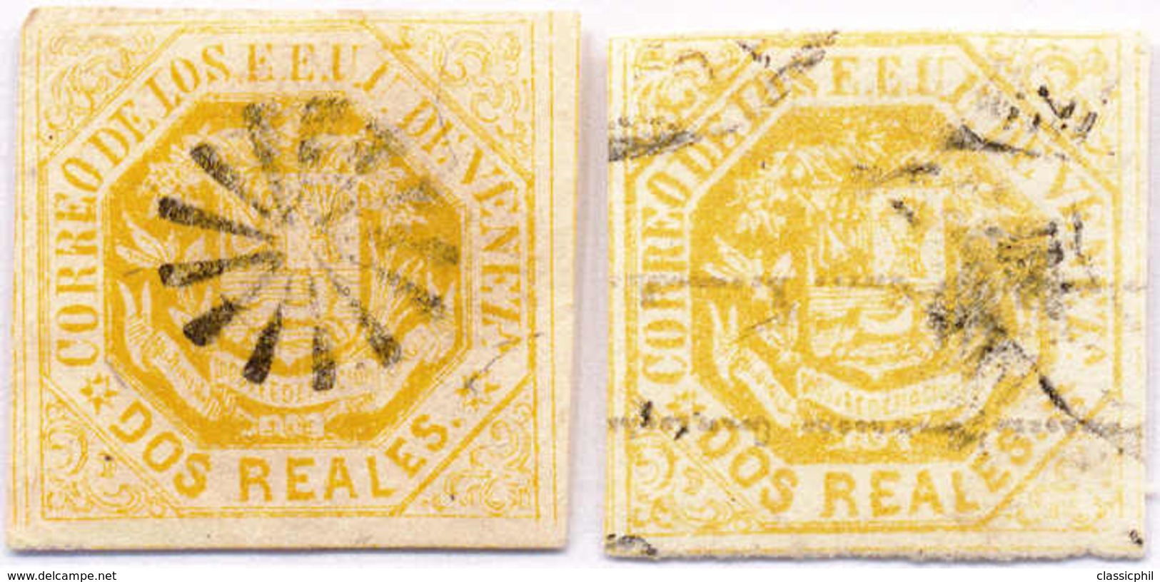 1866,1873, 1873, 2 D., Lot Of (2) Dos Real Stamps, With Nice Star Cancel And Other With Inverted Overprint Of Microfont, - Venezuela