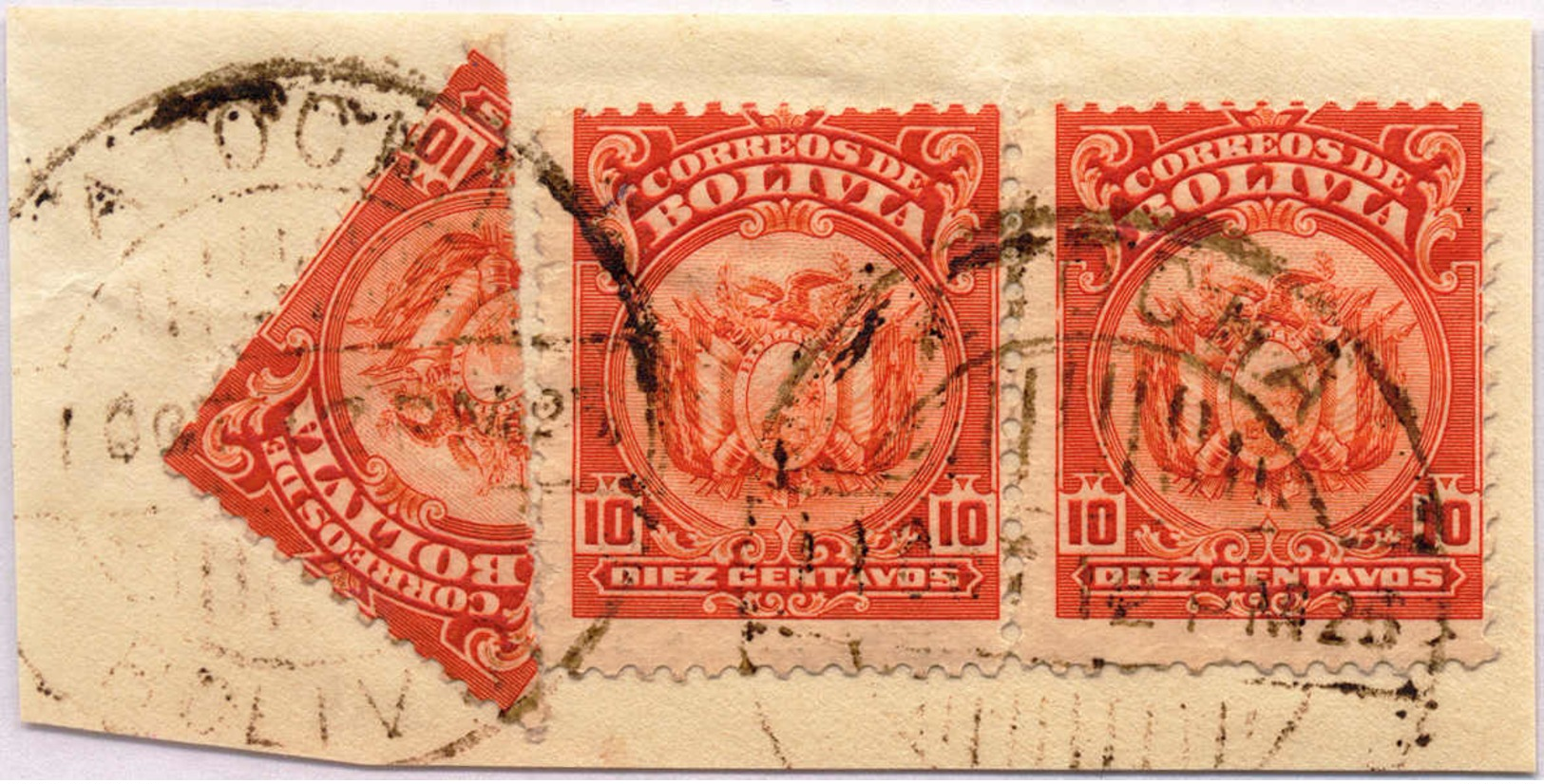 1893, 10 C., Orange Red, (3), On Piece, With One Stamp Bisected, Value Of 25 C., Cancel "ATOCHA", F - VF!. Estimate 300€ - Bolivien