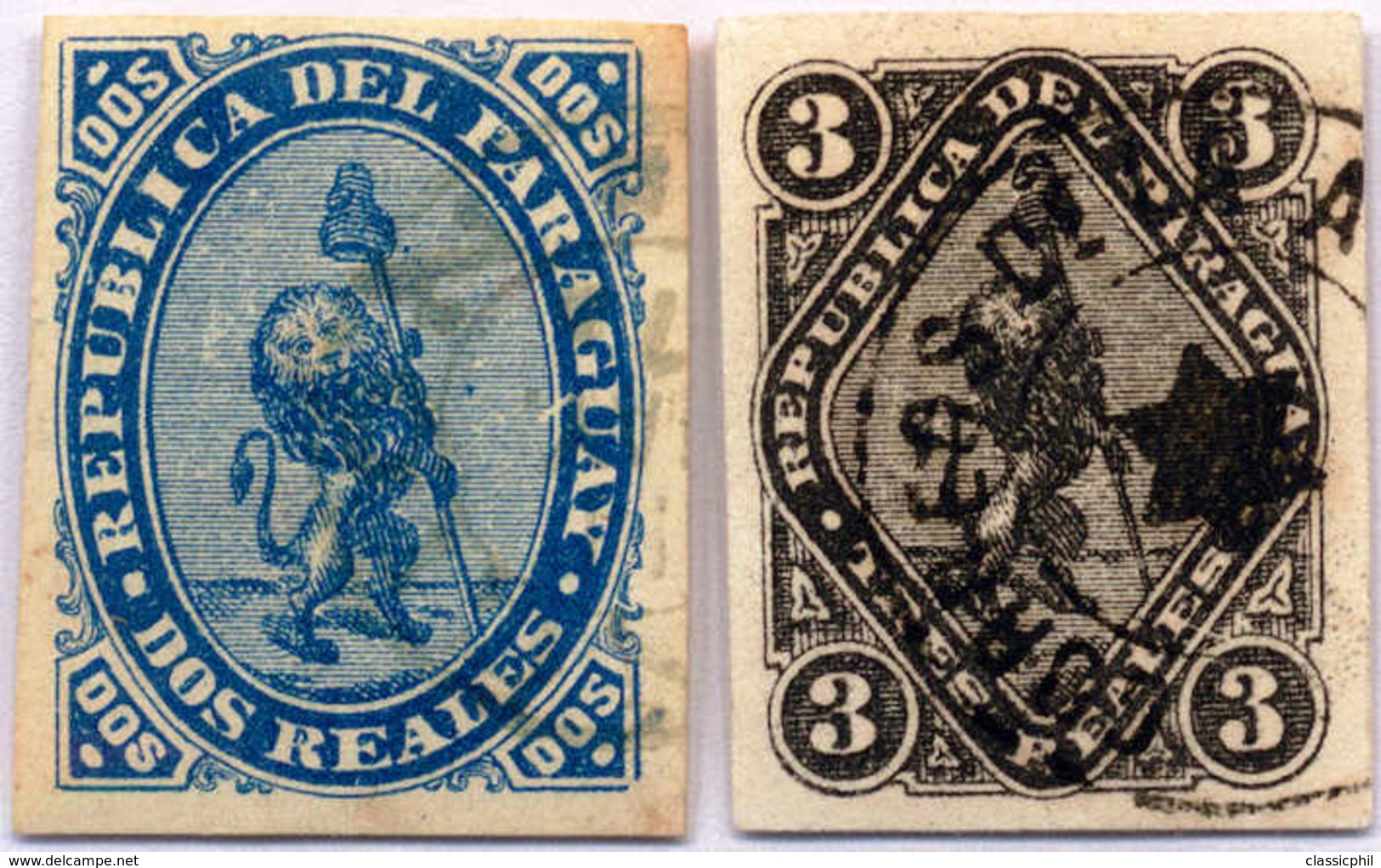 1870, 2, 3 R., blue And Black, Set Of (2), With Cancel, All Margins, F - VF!. Estimate 370€. - Paraguay