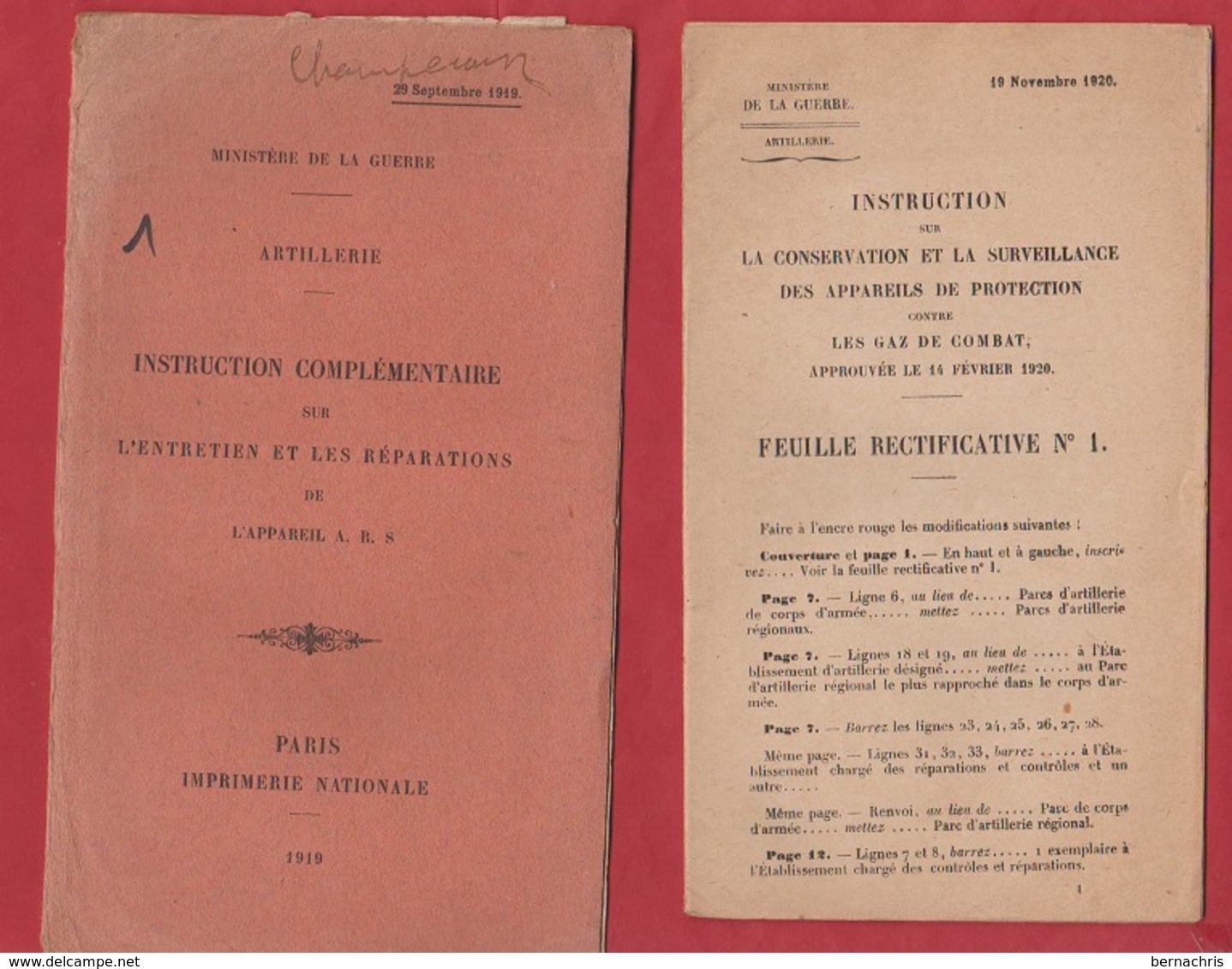 Lot De 2 Fascicules D'artillerie Sur Les Appareils De Protection Contre Les Gaz De Combat 1919 Et 1920 - Other & Unclassified